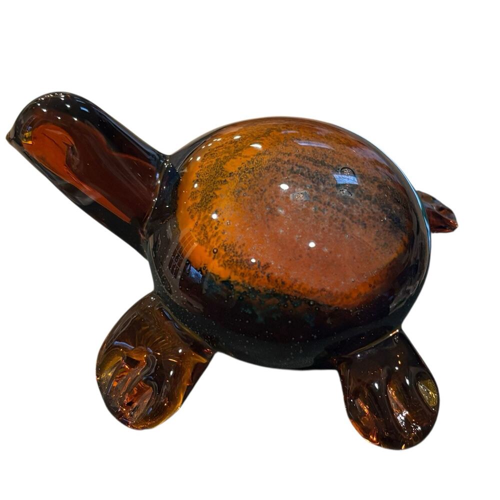 Vintage MCM Hand Blown Amber Art Glass Turtle Paperweight Figurine UV Glow 5"